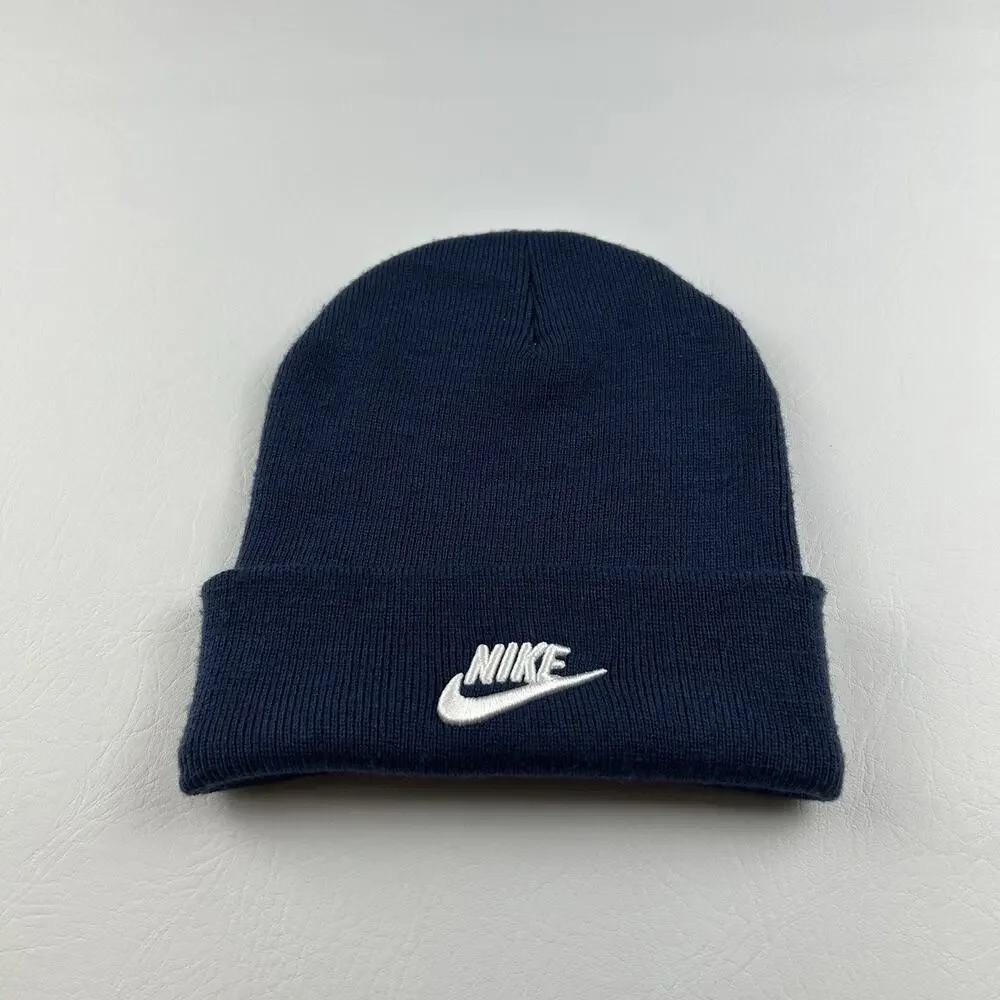 Nike Navy Cuffed Beanie Hat Embroidered Logo One Size Unisex Adult Knit